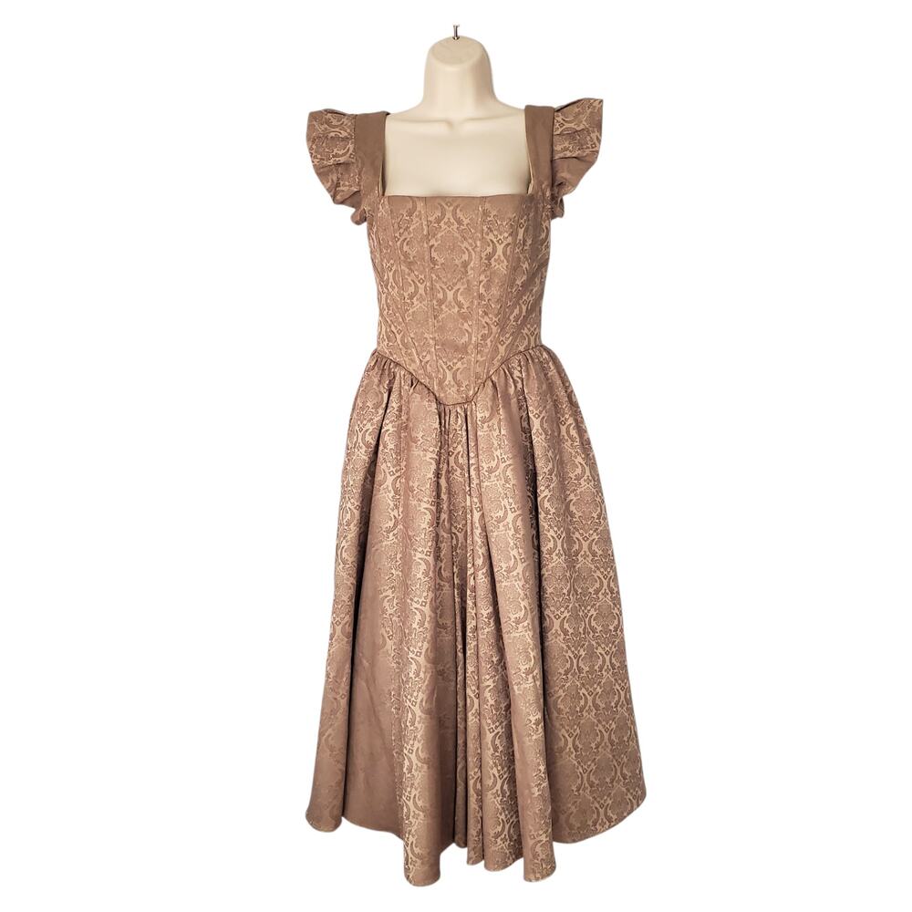 House of CB Alessandra Gold Jacquard Midi Dress with Detachable Bow Size Medium - Picture 6 of 16